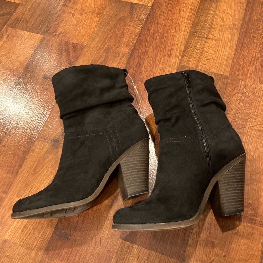 Fergalicious Black Suede Slouchy Ankle Booties with Stacked Heel
